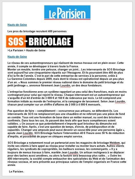 Franchise SOS Bricolage : Interview Le Parisien