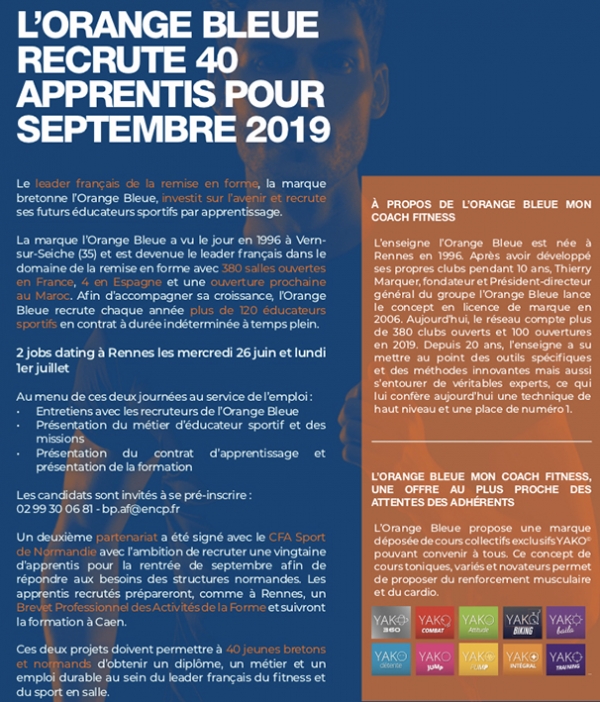 Franchise L'Orange Bleue : urgent carrière sport, le réseau recrute 40 apprentis pour septembre 2019