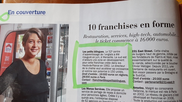 Franchise Les Petits Bilingues sélectionné dans les 10 franchises en forme du magazine Challenges