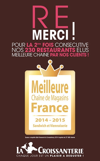 La Croissanterie élue Meilleure Chaîne de magasins 2014/15 pour la 2ème année consécutive !