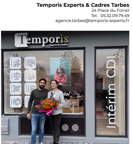 Franchise Agence Temporis : une agence d’emploi Temporis spécialisée dans le recrutement d’experts et de cadres a ouvert place du Foirail à Tarbes !