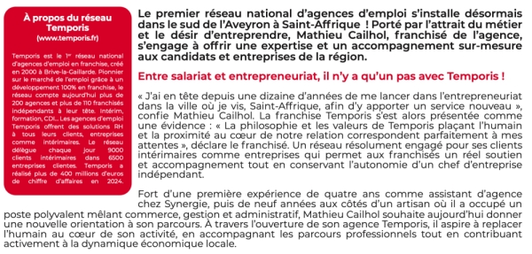 Franchise Temporis : débarque en Aveyron et ouvre la première agence d’emploi de Saint-Affrique !