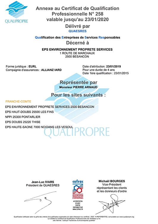 Franchise EPS renouvelle sa certification Qualipropre