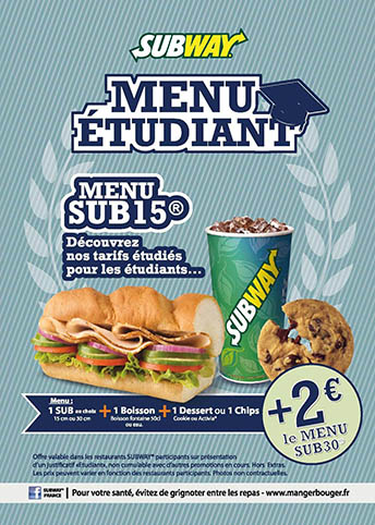 Franchise Subway - Menu étudiant à prix unique
